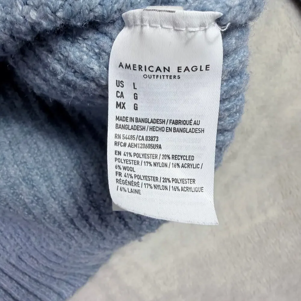 American Eagle Women’s Light Blue Chunky Knit Hooded Sweater Size L Relaxed